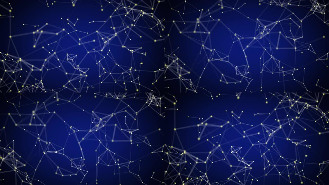 抽象动画3d渲染由神经丛结构制成，蓝色背景上有黄色原子粒子。心灵大脑神经连接或宇宙无限与太空尘埃，恒