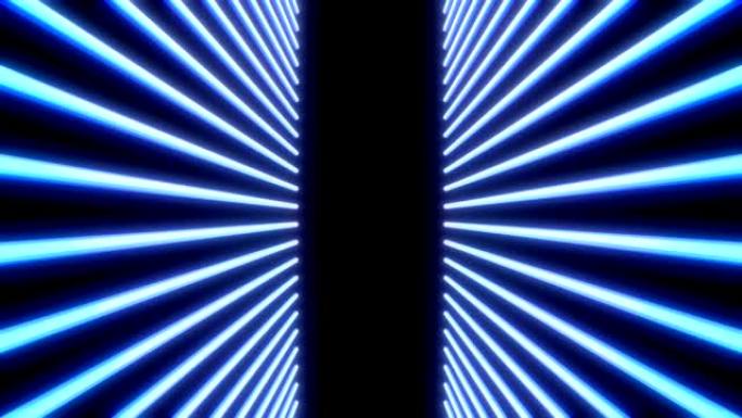 黑色明亮的霓虹灯激光线。彩色抽象荧光几何背景。可循环的未来3d渲染。设计广播、表演、俱乐部的现代时尚