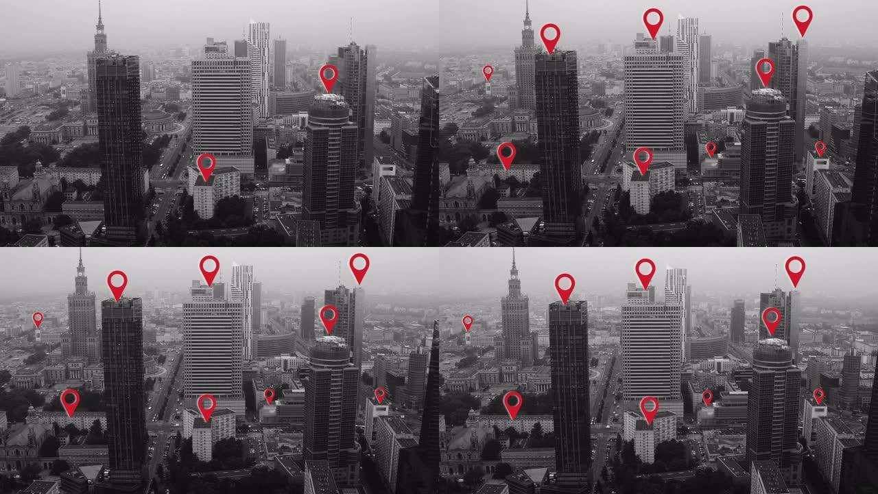 华沙市中心的空中拍摄，带有本地化图标。