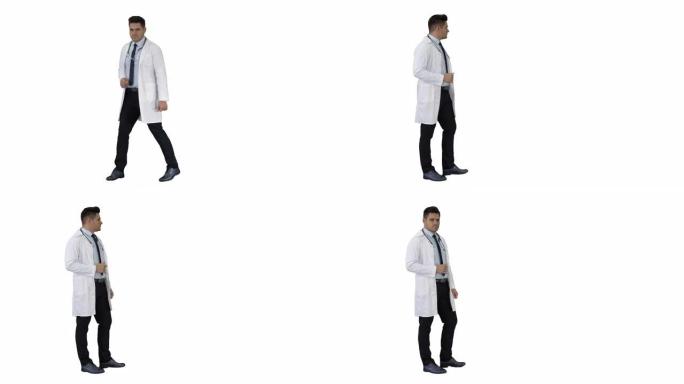 医生，医学专业人员做一个点手势，并在白色背景上呈现一些东西