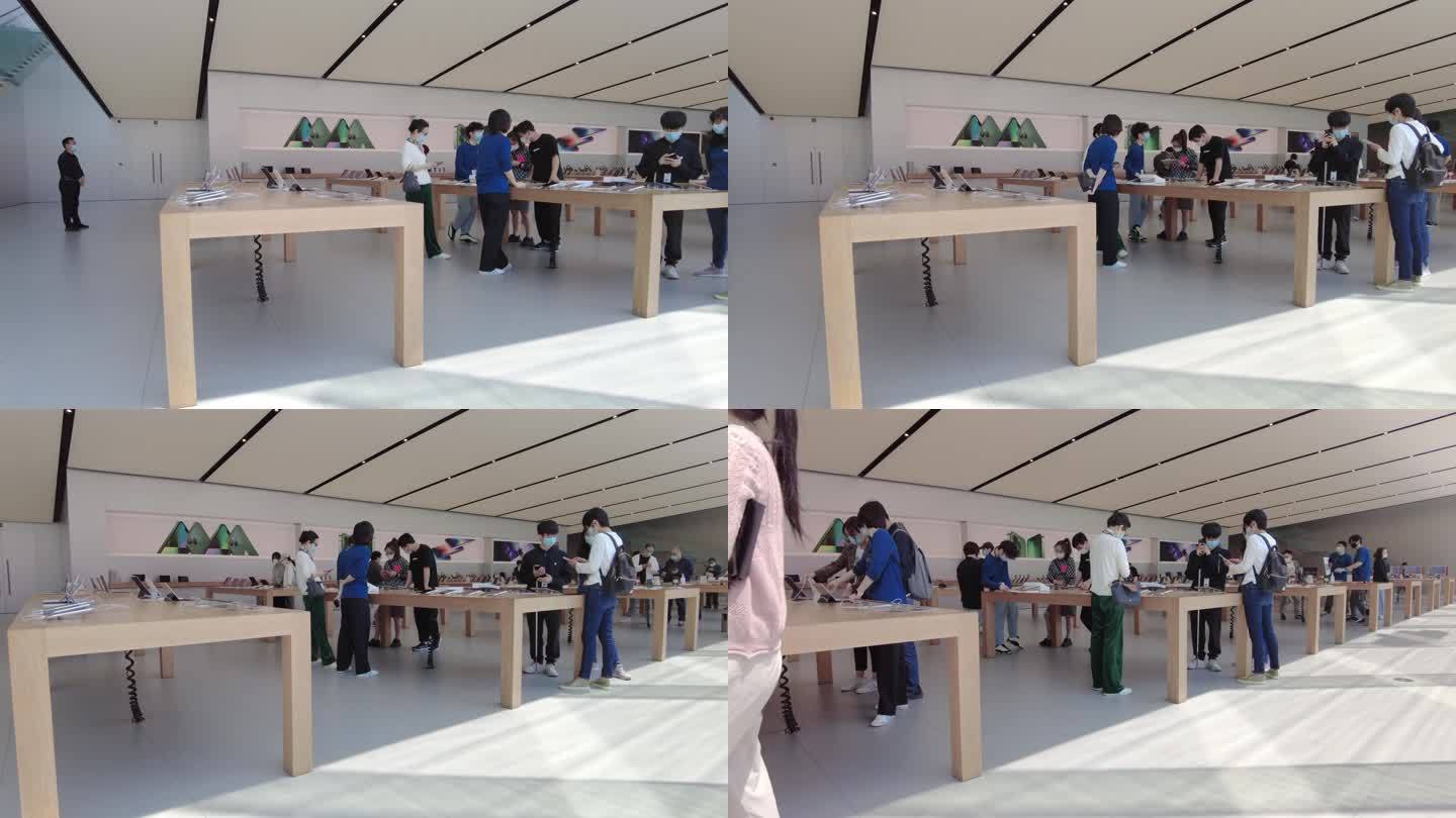 苹果手机体验店顾客人流延时摄影
