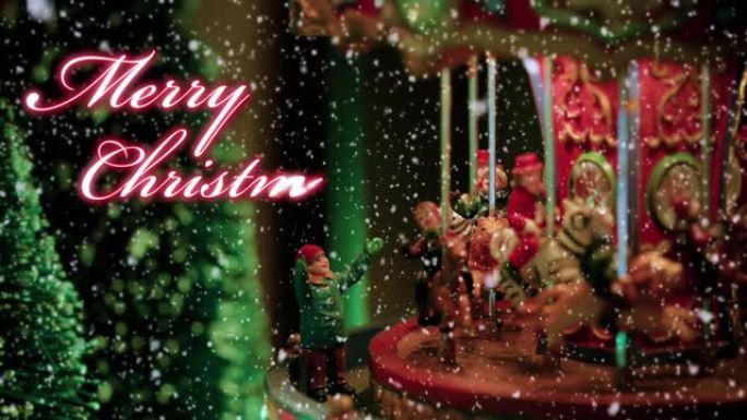 圣诞快乐红色文字排版设计，背景是雪地下充满灯光的旋转木马玩具-圣诞活动概念