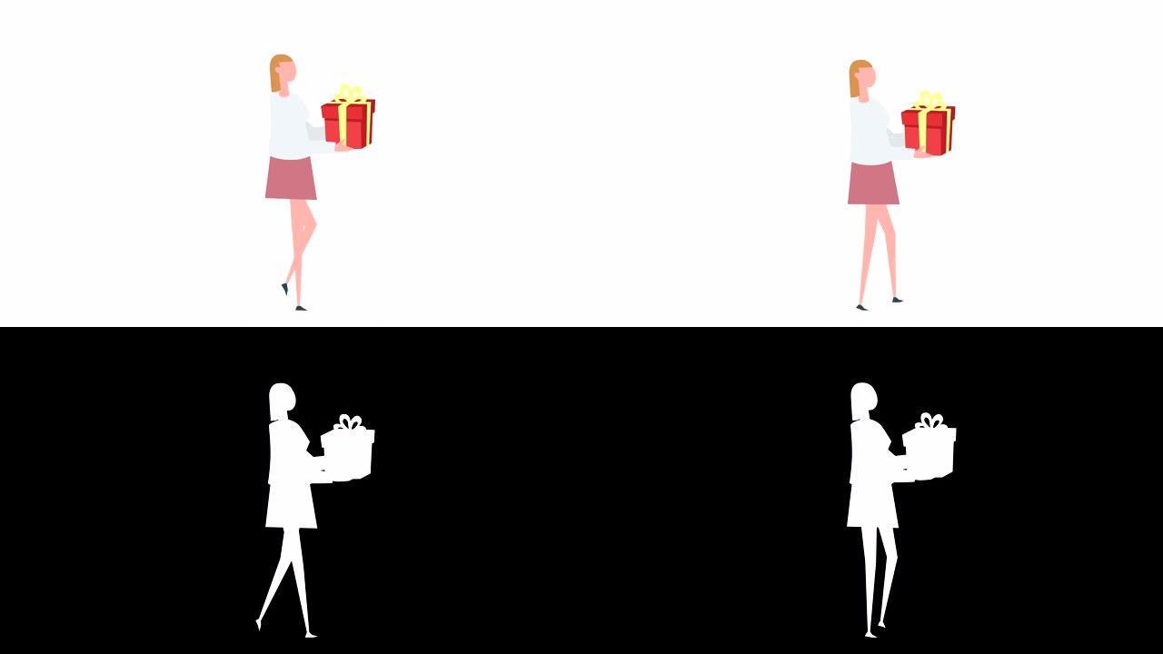 平面卡通彩色女性角色动画。女孩携带红色礼品盒情况