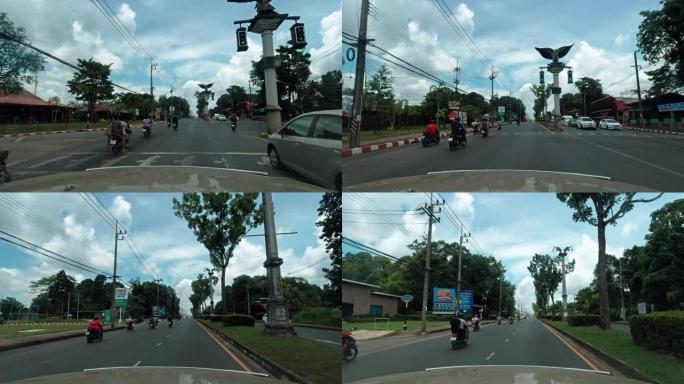 驾驶过程板前视图Maharaj路和Rodboon交叉路口鹰交通灯，泰国甲米镇