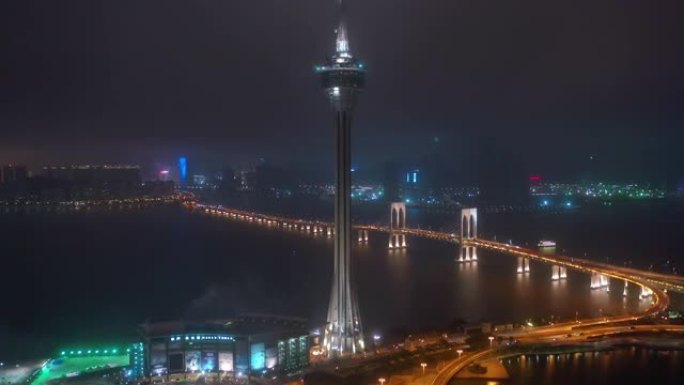 夜间照明澳门城楼河交通桥道路空中全景4k中国