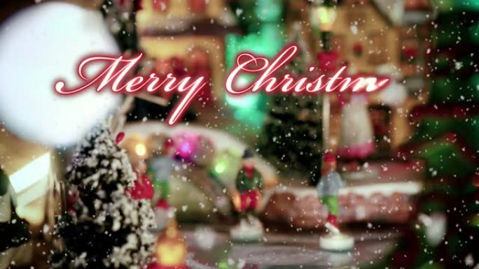 玩具圣诞村的场景，雪下有溜冰者的小雕像。动画排版设计中有红色书写的圣诞快乐文本-特写视图-圣诞活动概
