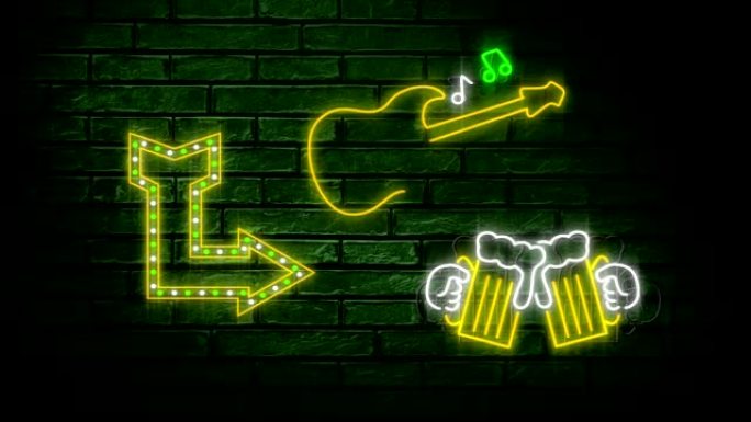 霓虹灯标志显示箭头，吉他和下巴啤酒杯