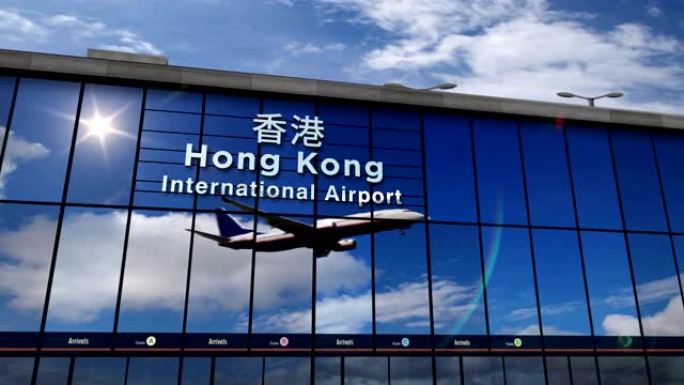 飞机降落在香港，反映在航站楼