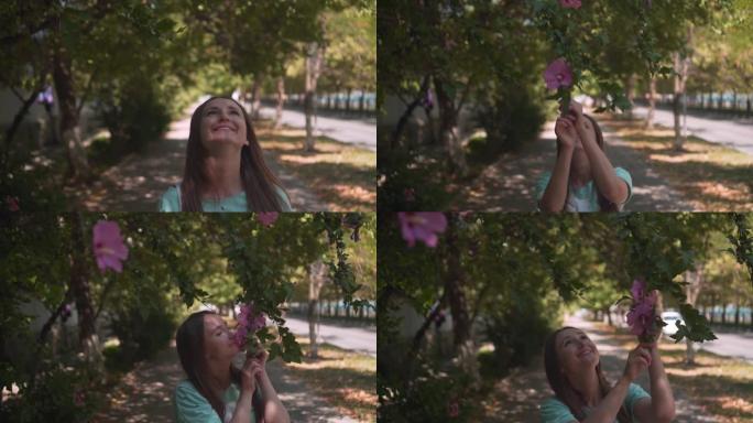 一个漂亮的年轻女孩嗅着并触摸着紫色的芙蓉花。