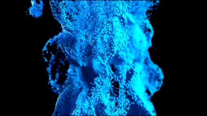蓝色气泡球在流体湍流中旋流，在3D中对流效果。使用luma matte作为alpha通道。景深、广角