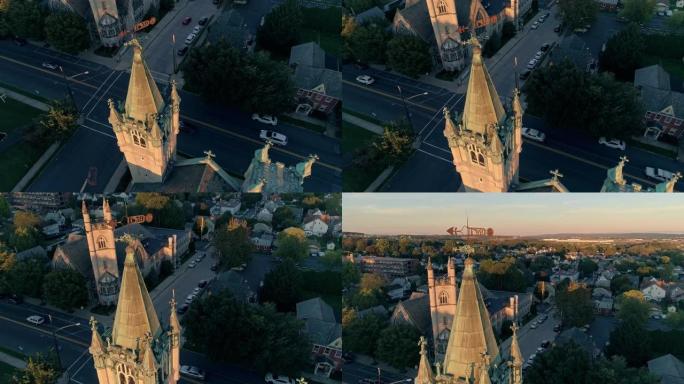 宾夕法尼亚州拿撒勒的风景优美的鸟瞰图，日落时他的教堂。空中无人机视频具有下降和 е ш ш д е 