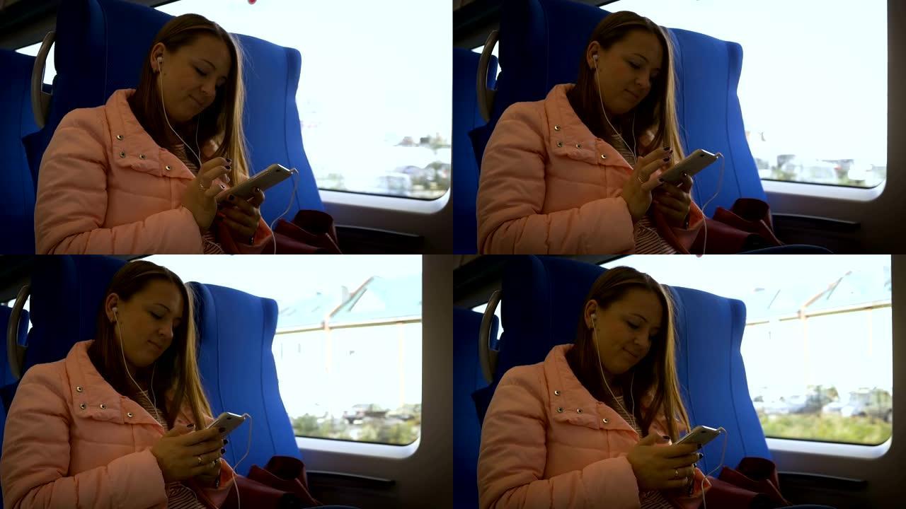 火车上年轻漂亮的女人穿着白色耳机从智能手机听音乐
