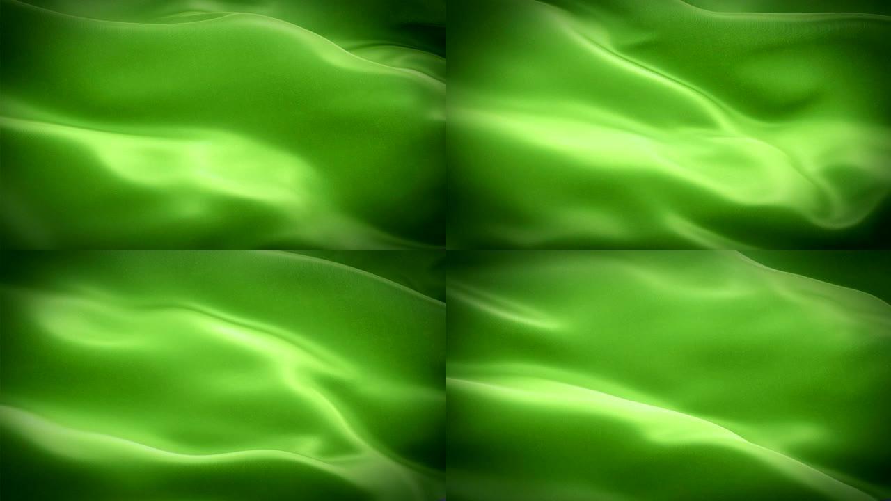 草色背景视频在风中挥舞的丝绸旗帜动画。逼真的绿旗背景。草彩旗循环特写1080p全高清镜头。草地草坪绿