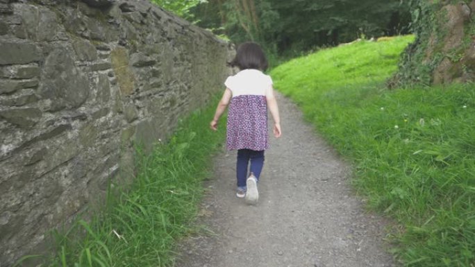 在北爱尔兰乡村森林公园跑步的蹒跚学步的女孩