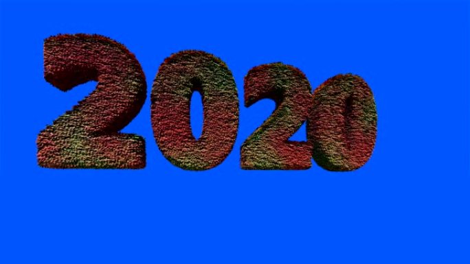 2020新年文本由风吹的叶子制成，在蓝屏上平移