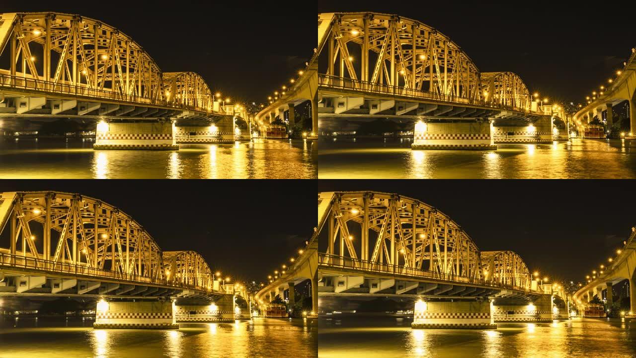 夜间在Krung Thep桥上的城市交通。Krung Thep桥位于泰国曼谷。时间流逝且可循环。高质