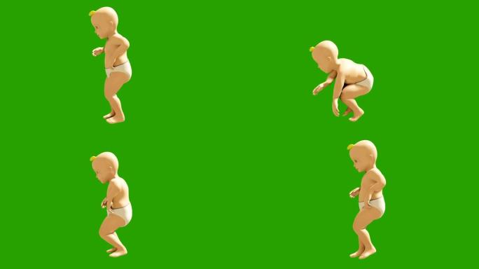 一个小孩在绿屏上跳舞。小型跳舞儿童的3D渲染动画。