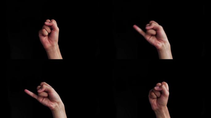白种人的手孤立在黑色上，并显示asl (美国手语) 的字母符号。