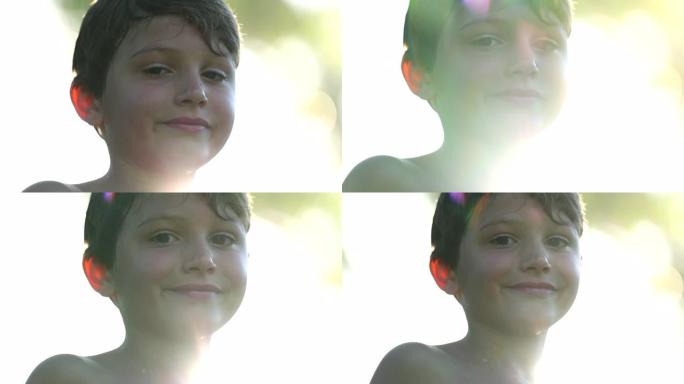 男孩微笑着拍摄儿童肖像，阳光如梦似幻