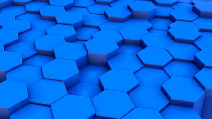 几何蓝色六边形块3d运动镜头。上下移动随机立方体瓷砖逼真的动画。蜂窝动态透视背景。马赛克元素结构4k