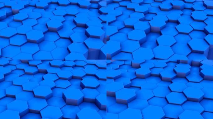 几何蓝色六边形块3d运动镜头。上下移动随机立方体瓷砖逼真的动画。蜂窝动态透视背景。马赛克元素结构4k