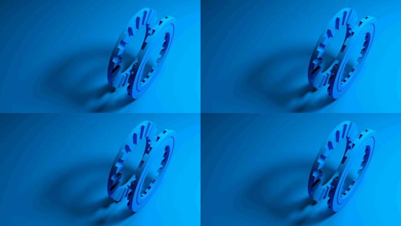 蓝色背景上的蓝色配合齿轮-3D渲染视频剪辑