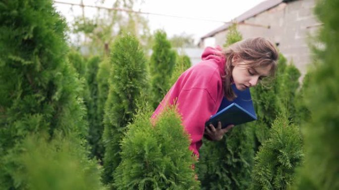 工作中的小企业主。一位年轻的女企业家在网上销售前检查种植的幼苗