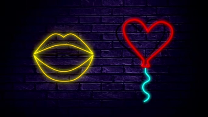 霓虹灯标志显示嘴唇和心形气球