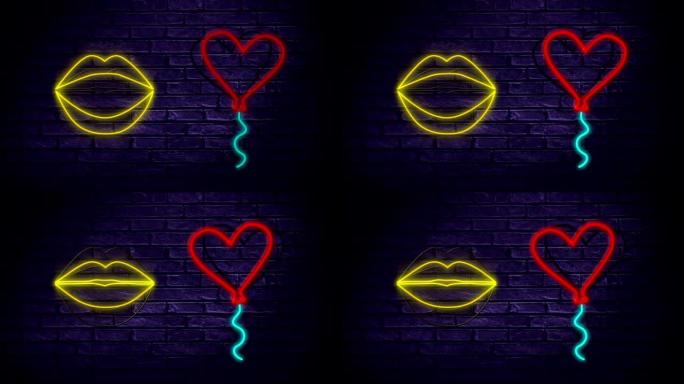 霓虹灯标志显示嘴唇和心形气球