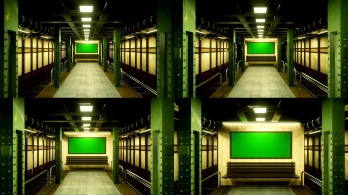 将相机穿过神秘的空无一人的地铁，飞到绿屏的海报上。后启示录，地铁启示录地铁。