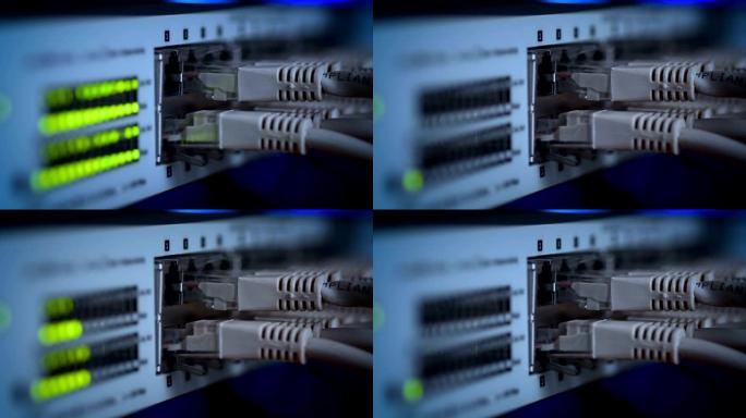 数据中心中的以太网服务器交换机通过以太网发送和接收数据。网络服务器交换机上的灯和连接电缆Lan rj
