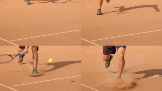 网球运动员在红土网球场上抽射的特写镜头。