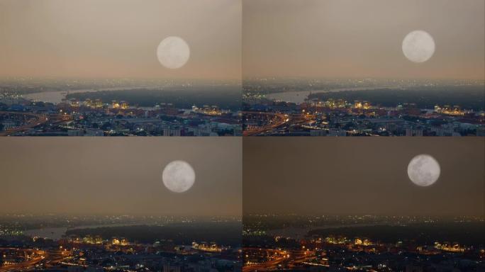 泰国曼谷44k延时月亮，鸟瞰高速公路和货运站