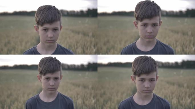 日落时看着相机的麦田里被冒犯的悲伤男孩的肖像