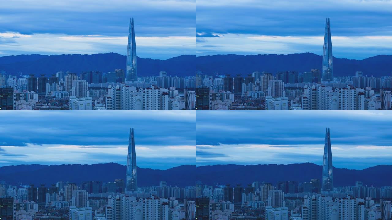 2019年9月11日-韩国首尔: 黄昏时分首尔城市景观的延时拍摄，乐天塔和汉江