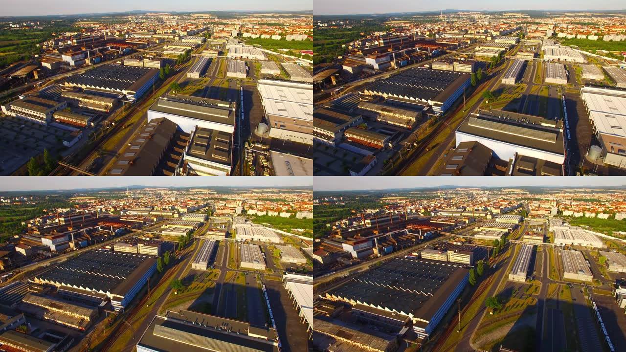 相机在欧洲捷克共和国比尔森市卡尔洛夫郊区的工业区和科技园上空飞行。欧洲工业从上面。