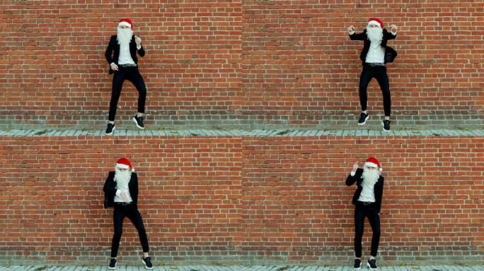 像圣诞老人一样的人在跳舞，圣诞快乐和新2019年，红砖墙为背景