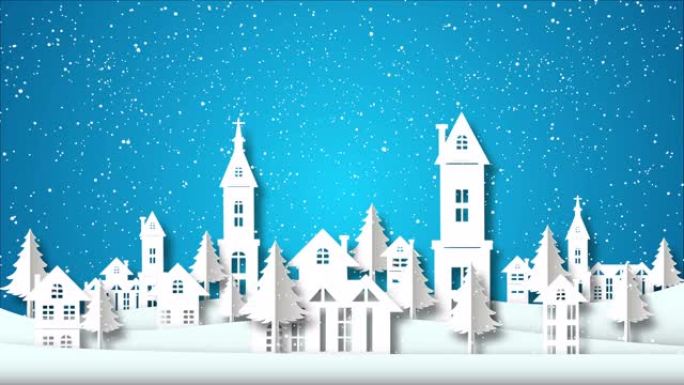 冬天的城市在下雪，动画剪纸，圣诞背景，4k超高清，镜头，