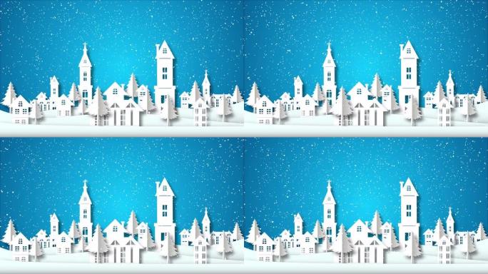 冬天的城市在下雪，动画剪纸，圣诞背景，4k超高清，镜头，