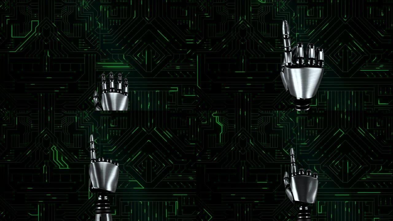 机器人手和发光绿色电路板
