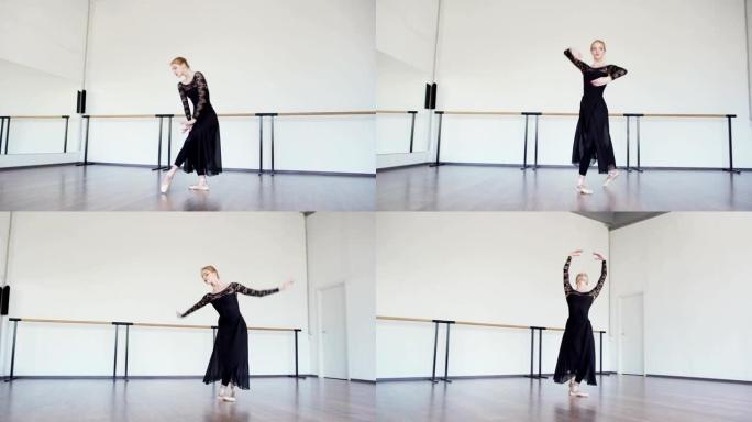 专业芭蕾舞演员穿着黑色蕾丝紧身衣、长裙和脚鞋在芭蕾舞工作室表演舞蹈的平移镜头