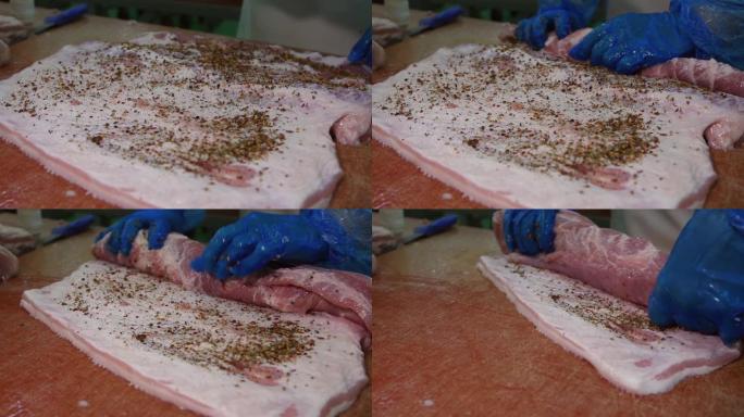 肉类加工厂手工制作猪肉肉卷