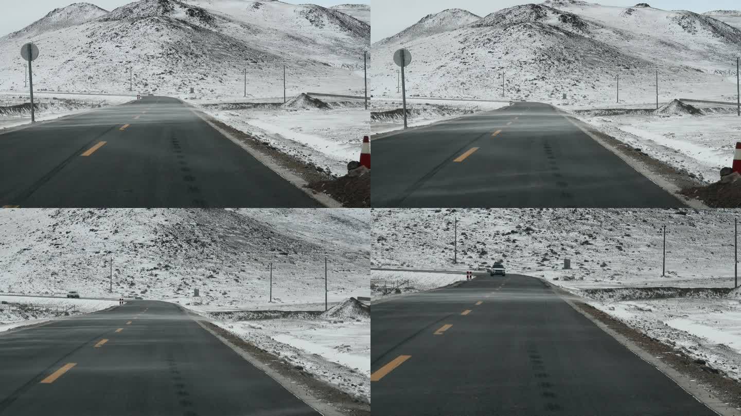 西藏旅游风光219国道冬季路面雪雾侧风