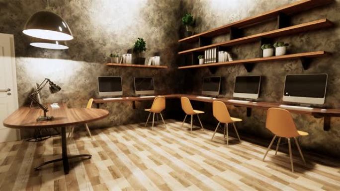 办公室工作室阁楼风格室内设计混凝土墙灰色光泽在木瓷砖上。3d渲染