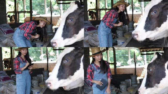 亚洲妇女农业和农业工业和畜牧业概念-年轻妇女或农民与平板电脑电脑和奶牛在奶牛农场的牛棚用奶牛挤奶机