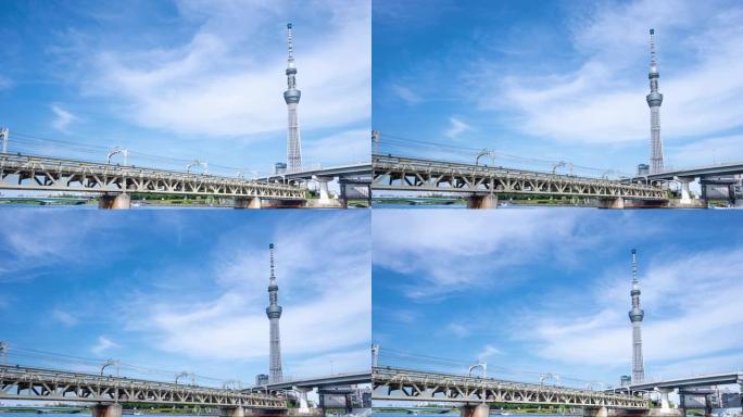 4k延时东京天空树与蓝天在日本东京。