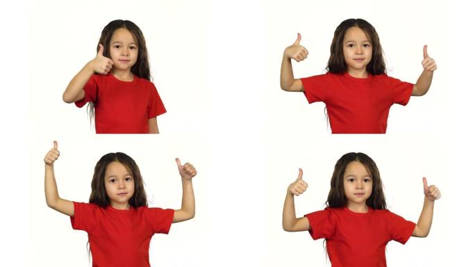 肖像聪明的孩子在白色背景上竖起大拇指