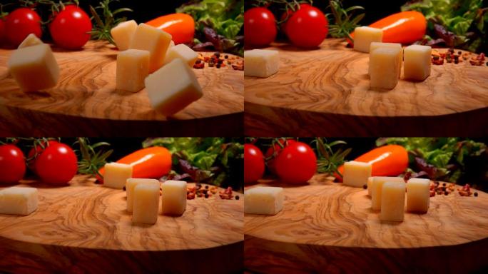 硬奶酪块落在带有香料的板上