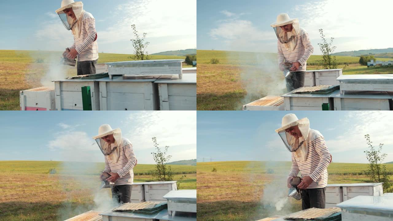 男子养蜂人穿着特殊的衣服，抱着一个吸烟者来平息蜜蜂，大量的烟雾