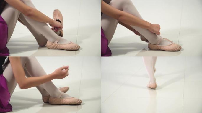青少年芭蕾舞女演员的脚穿着鞋子练习